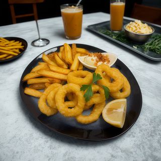 Inele de calamar cu cartofi prăjiți