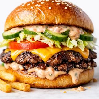 Cheddar Smashed Burger cu Cartofi Prajiti