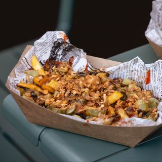 TOPPED FRIES WITH  SMOKED PORK BELLY