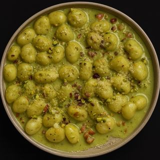 Gnocchi cu fistic, pesto de busuioc si guanciale