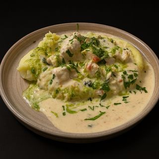 Piept de pui in sos alb si piure de cartofi