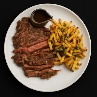 Antricot de vită cu sos chimichurri și cartofi prăjiți