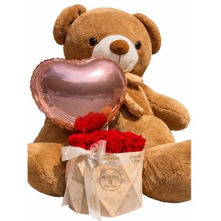 Urs Mare cu Trandafiri Eterni și Balon Inimă – Love Eternal