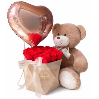 Ursuleț cu Trandafiri Criogenați și Balon Inimă – Love Gift