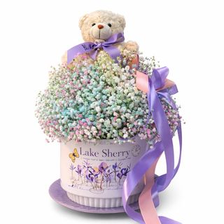 Teddy Cup - Aranjament floral cu ursuleț – flori pastel în cutie elegantă