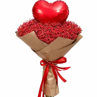 Buchet Gypsophila Roșie cu Balon Inimă