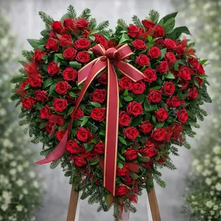 Coroană funerară inimă din trandafiri roșii – flori naturale premium