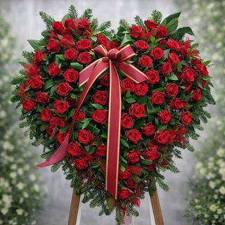 Coroană funerară inimă din trandafiri roșii – flori naturale premium