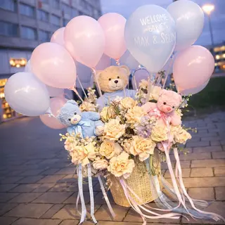 Aranjament Newborn Luxury cu ursuleti si baloane premium – Welcome Babies