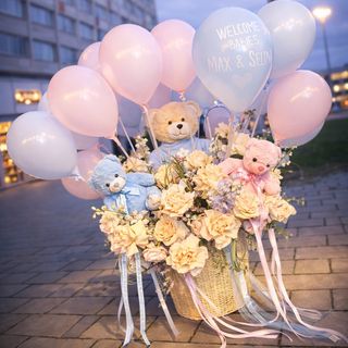 Aranjament Newborn Luxury cu ursuleti si baloane premium – Welcome Babies