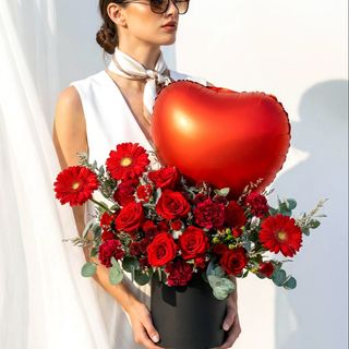 BLOOME Red Heart Passion – aranjament floral cu trandafiri si balon inima
