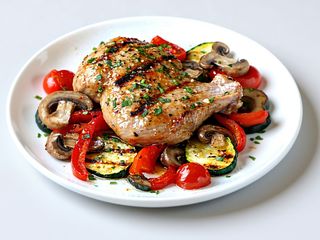 Pulpă de pui prăjită cu legume sote