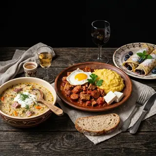 Ciorbă de Afumătură & Tocăniță cu Mămăliguță + Desert