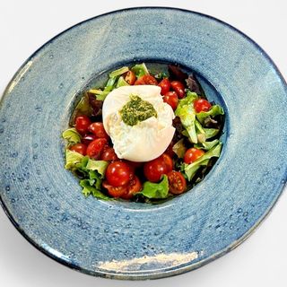 BURATTA SALAD WITH  MIXED CHERRY TOMATOES AND PESTO