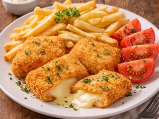 Cașcaval pane cu cartofi prăjiți și roșie proaspătă