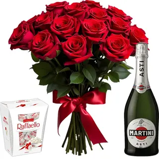 Buchet „Seară de Neuitat” cu 15 trandafiri, Praline, Martini Asti