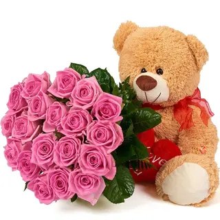 Buchet "Valentine Love Set" cu 19 trandafiri roz + Ursulet de plus 30 cm