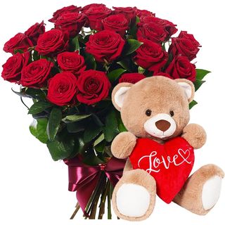 Buchet „Red Passion” cu 25 trandafiri si Ursuleț de plus