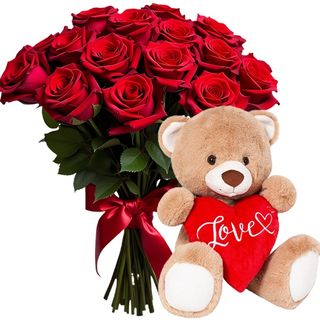 Buchet „Seară de Neuitat” cu 15 trandafiri, Ursuleț de plus