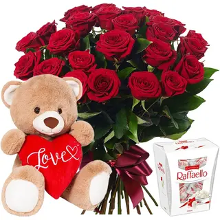 Buchet „Red Passion” cu 25 trandafiri, Ursuleț de plus si Praline