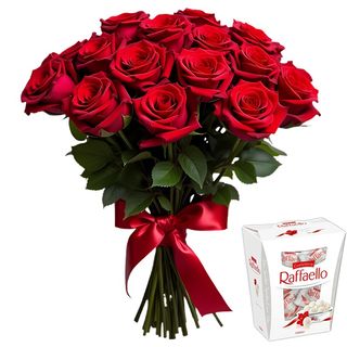 Buchet „Seară de Neuitat” cu 15 trandafiri, Praline