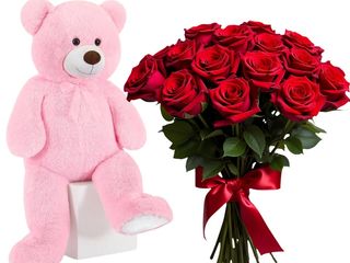 Buchet „Seară de Neuitat” cu 15 trandafiri si ursulet de plus 80cm