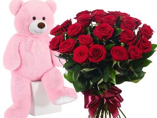 Buchet cu 25 trandafiri rosii si Ursuled de plus 80cm