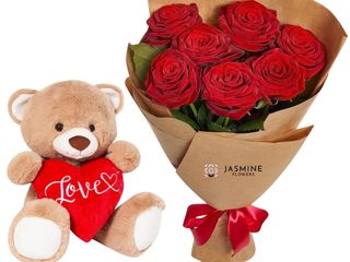 Buchet cu 7 trandafiri cu Ursuleț de Plus 30 cm