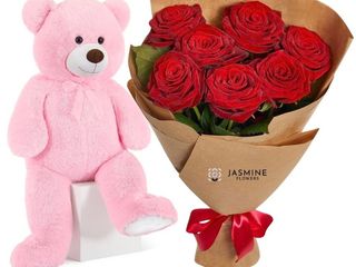 Buchet cu 7 trandafiri cu Ursuleț de Plus 80 cm