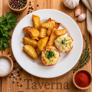 Cartofi aurii si cosulete din sunca cu ou si cascaval 200g/100gg