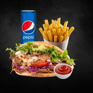 Kebab de pui + cartofi + doza + sos