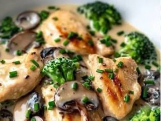 Pui în sos cu broccoli și ciuperci