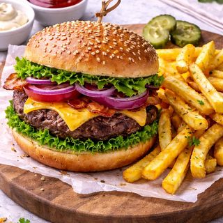 Burger de vită cu sos chimichurri si cartofi prajiti 400g