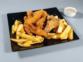 Strips and wings platter with fries and sos garlic mayo