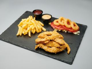 Strips platter with fries and sos burgatore , sos barbeque