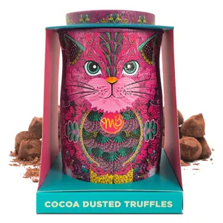 Cutie metalica cu trufe din ciocolata neagra Monty Bojangles Persian Pink Cat Choccy Scoffy 135g