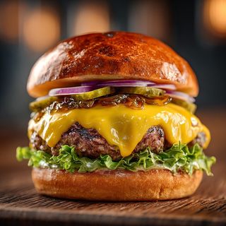 Caramelizat burger + cartofi prajiti + sos