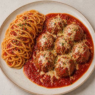 Chiftele de porc la cuptor în sos, servite cu paste/saucy baked pork meatballs served with pasta 550g