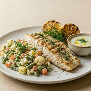 PESTE PE GRILL CU SALATA RUSEASCA/GRILLED FISH WITH RUSSIAN SALAD - 500g