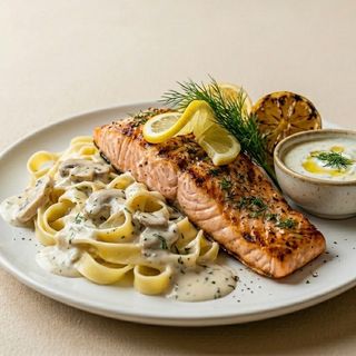 SOMON PE GRILL CU CIUPERCI SI PASTE TANGLIATELE/SOLMON GRILLED WITH MUSHROOM SAUCE AND TANGLIATELE PASTA-500g