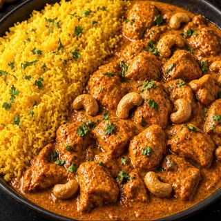 CURRY CU PUI, OREZ ALB/GALBEN SI CAJU/ CHICKEN CURRY SERVED WITH WHITE/YELLOW RICE AND CAJU NUTS - 500g