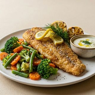 PESTE PRAJIT CU LEGUME FIERTE/ FRIED FISH WITH BOILED VEGETABLES