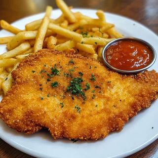 SNITEL DE PUI CU CARTOFI PRAJITI/ CHICKEN SNITZEL WITH FRENCH FRIES-500G