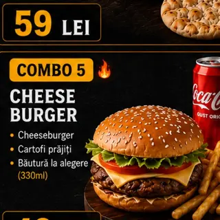 COMBO 5 = 1 CHEESE BURGER DE VITA CU SUC, SALATE,CARTOFI