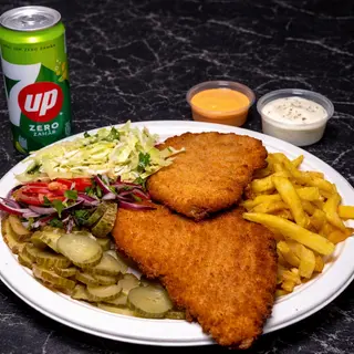 MENIU ȘNIȚEL DE PUI (SUC+SALATĂ+CARTOFI)