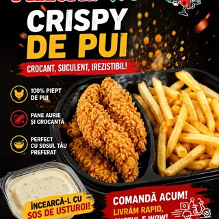 Crispy de pui, cartofi prăjiți, sos.
