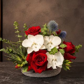 Aranjament Floral „Passion” – Trandafiri Roșii, Phalaenopsis Albă & Eryngium