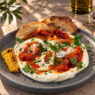 Hummus, chorizo & eggs