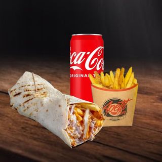 Cheddar wrap + pomfrit + Coca Cola