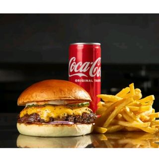 Big Irish burger + pomfrit+ kola limenka+heniz frites umak